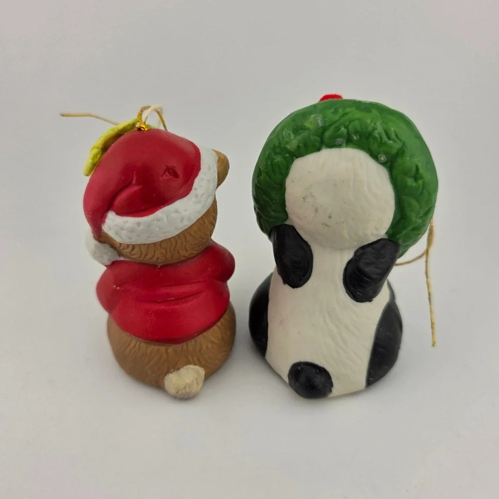 1986 Giftco Panda Bear & Christmas Bear Porcelain‎ Bell Ornaments Taiwan VTG